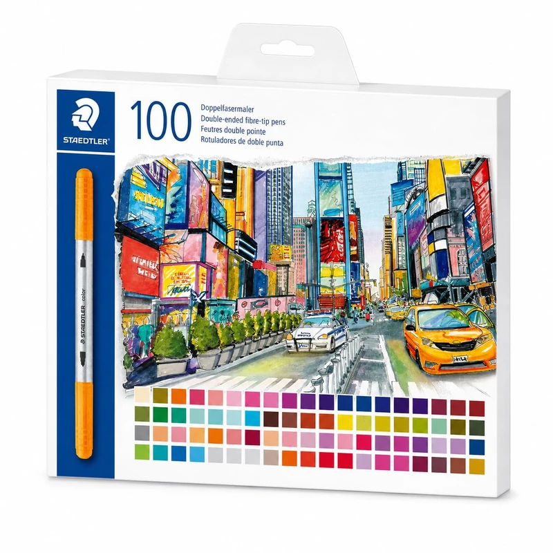STAEDTLER 3200 Dual-Tip Felt Tip Colouring Pens & Fineliners, 100-Piece Case – Felt Tips for Adults and Children, 3.0mm & 0.5–0.8mm Line Widths - 3200 C100P