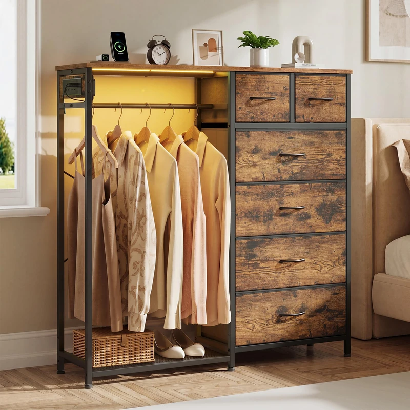 SONGMICS Chest of Drawers, 6 Fabric Drawers, Steel, MDF, Non-Woven Fabric, Open Wardrobe with LED Lights and Charging Station, Garment Rack for Bedroom, 102.7 x 35 x 117.6 cm, Rustic Brown ULGS523K103