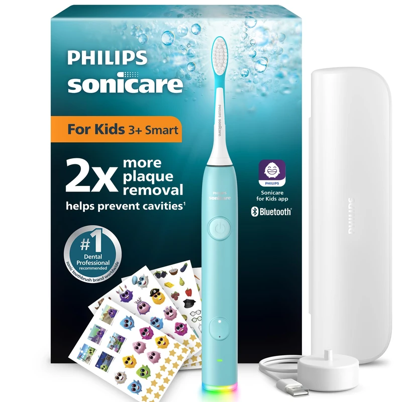 Philips Sonicare for Kids Smart Electric Toothbrush − Sonic Toothbrush with App, for Children 3+, 2 Gentle Modes, 2-Minute Light & Sound Timer, 2 Brush Heads (Standard & Mini), Teal, Model HX6600/13