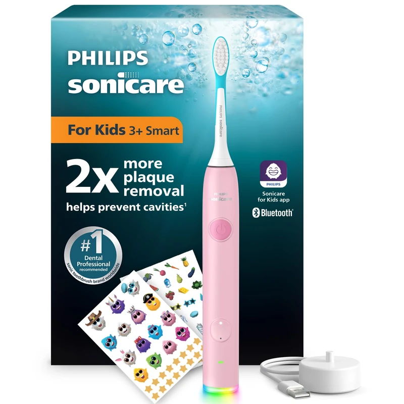 Philips Sonicare for Kids Smart Electric Toothbrush − Sonic Toothbrush with App, for Children 3+, 2 Gentle Modes, 2-Minute Light & Sound Timer, 2 Brush Heads (Standard & Mini), Pink, Model HX6600/11