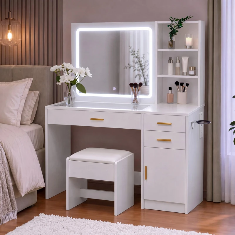 Vida Designs Clova 3 Drawer 1 Door LED Dressing Table Set | White | 140H x 115W x 40D cm | Built-In Power Outlet and USB Ports | Includes Stool and Mirror | Space-Saving | Full Makeup Vanity Desk Set - Image 1