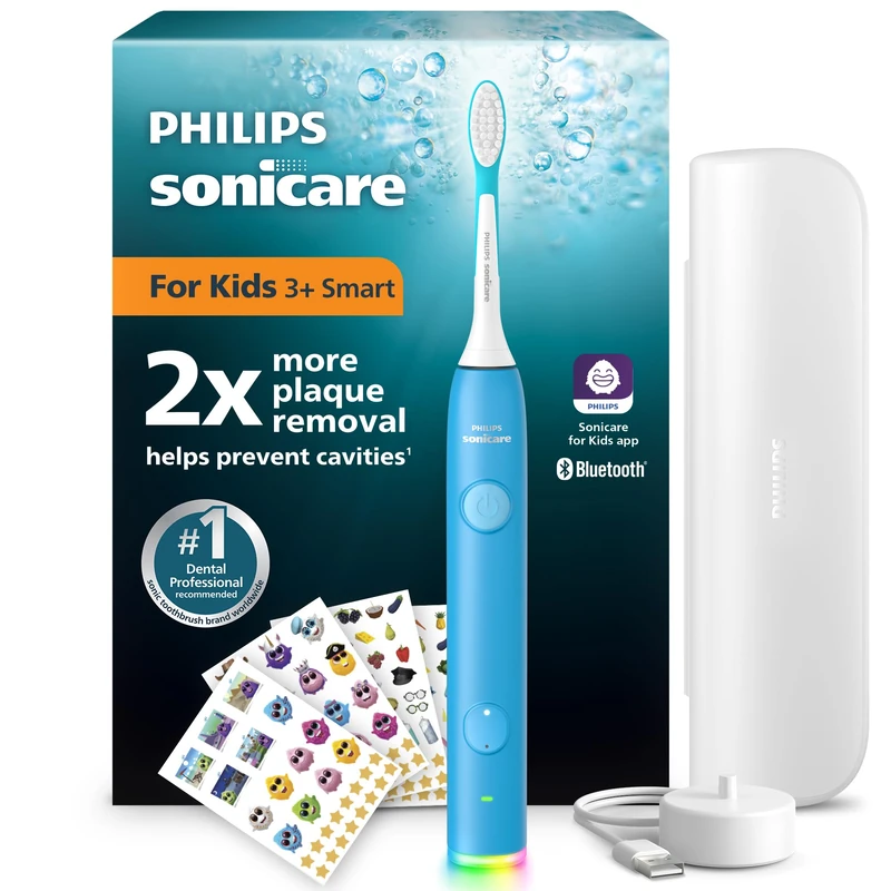 Philips Sonicare for Kids Smart Electric Toothbrush − Sonic Toothbrush with App, for Children 3+, 2 Gentle Modes, 2-Minute Light & Sound Timer, 2 Brush Heads (Standard & Mini), Blue, Model HX6600/52