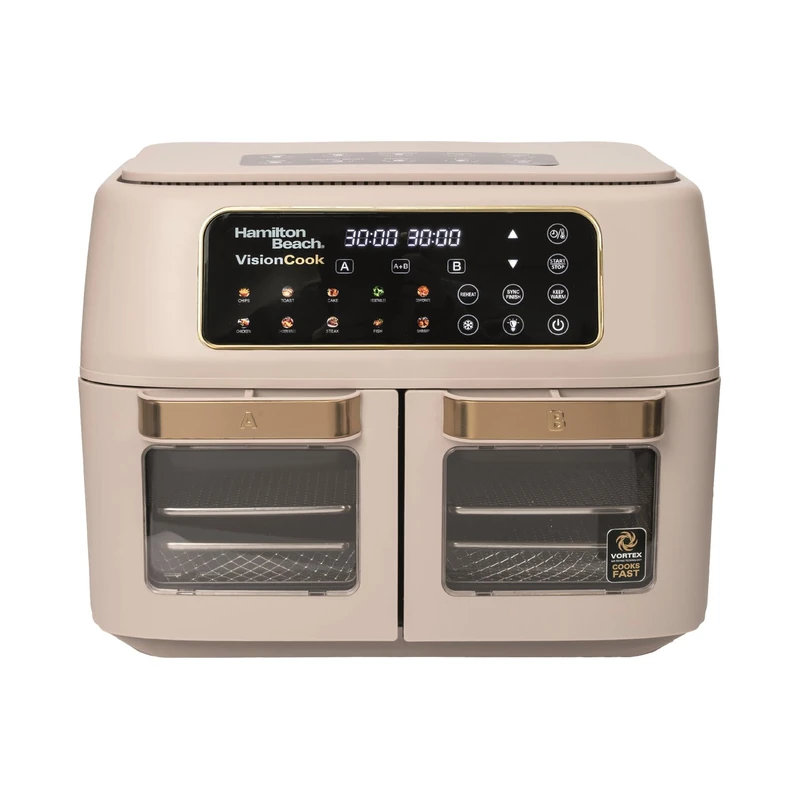 Hamilton Beach VisionCook Air Fryer – 11L, Dual Independently Controlled Drawers, 10 One-Touch Presets, Vortex Technology, Match Cook & Smart Finish, Dishwasher-Safe, Stone & Brushed Brass - HB2116AST