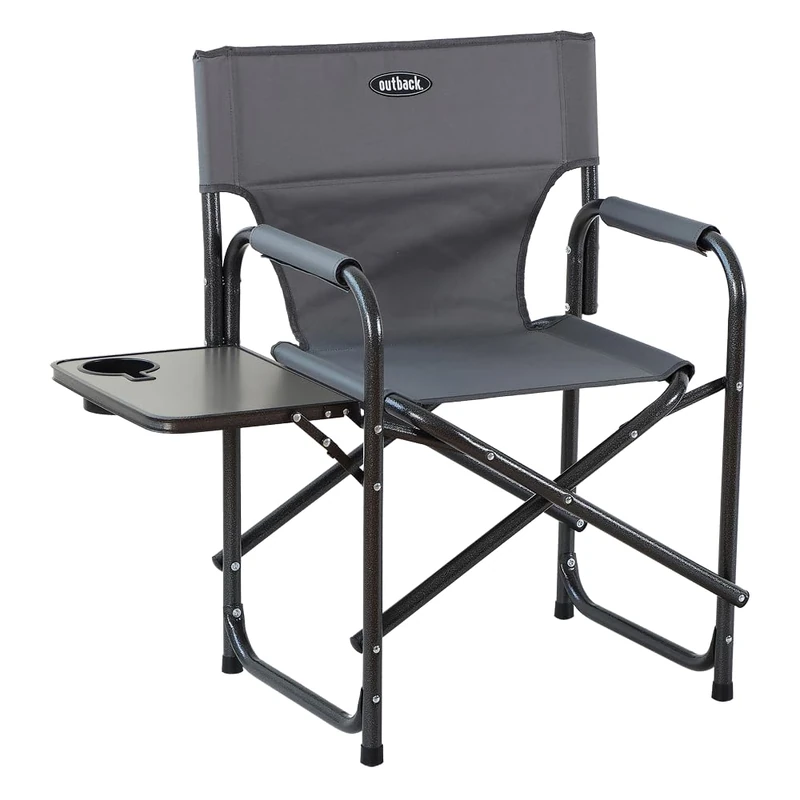 Outback Folding Directors Chair with Side Table & Cup Holder | Portable Camping Chair | Heavy-Duty Steel Frame | 600D Water-Resistant Fabric | Supports 102kg | Charcoal Grey