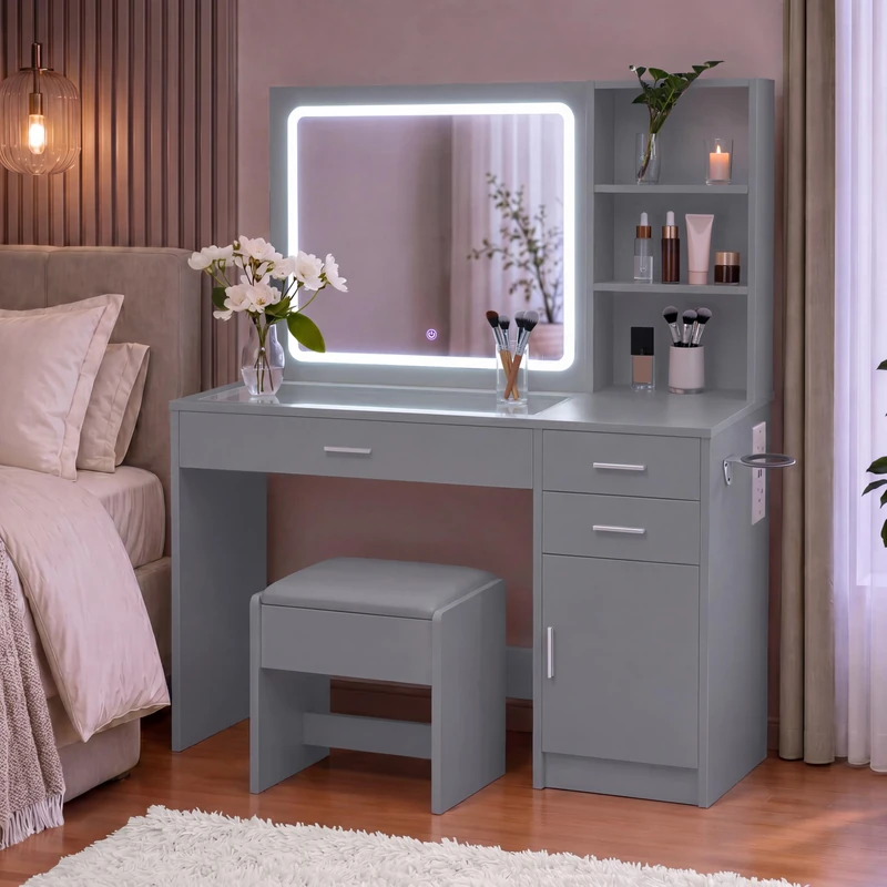 Vida Designs Clova 3 Drawer 1 Door LED Dressing Table Set | Grey | 140H x 115W x 40D cm | Built-In Power Outlet and USB Ports | Includes Stool and Mirror | Space-Saving | Full Makeup Vanity Desk Set - Image 1