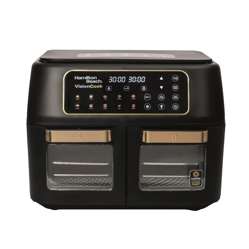 Hamilton Beach VisionCook Air Fryer – 11L, Dual Independently Controlled Drawers, 10 One-Touch Presets, Vortex Technology, Match Cook & Smart Finish, Dishwasher-Safe, Black & Brushed Brass - HB2116ABK