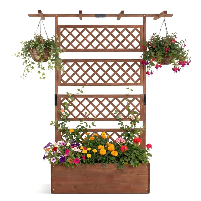 GiantexUK Raised Garden Bed with Trellis, Wooden Elevated Planter Box