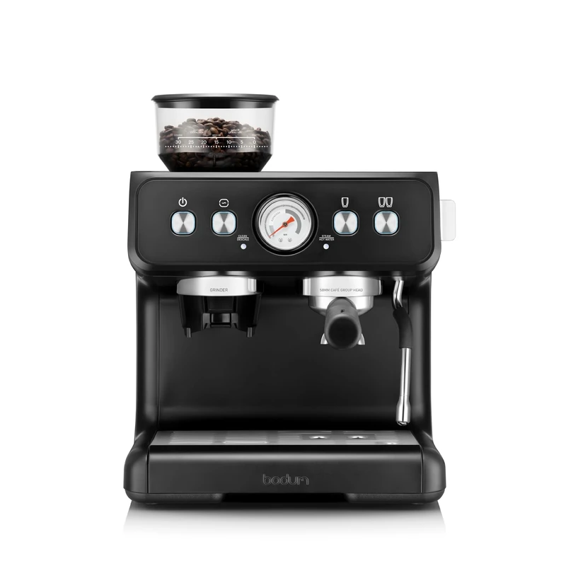 Bodum BISTRO Espresso Coffee Machine with Integrated Adjustable Grinder, Single and Double Espresso Settings, Steam Wand and Hot-Water Function, Black, 12459-01UNI-UK