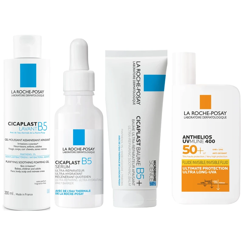 Bundle of La Roche-Posay Cicaplast B5 Gentle Soothing Wash 200ml + Cicaplast B5 Hydrating Face Serum, 30ml + Cicaplast Baume B5+, 100ml + Anthelios UVMune 400 Invisible Fluid SPF50+, 50ml