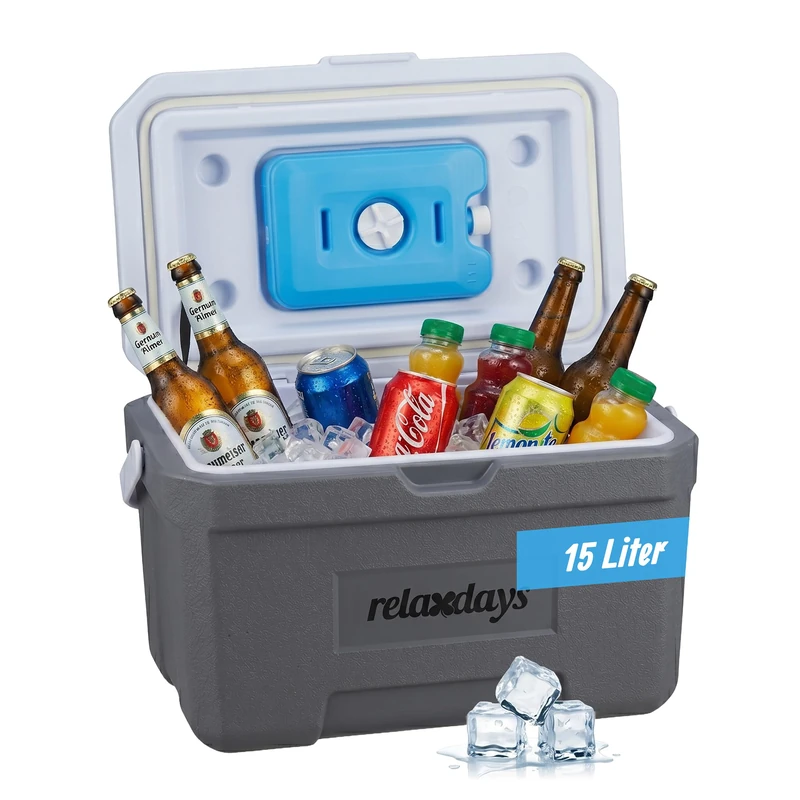 Relaxdays Coolbox, 15 l, ice pack & handle, camping, picnic, white/grey