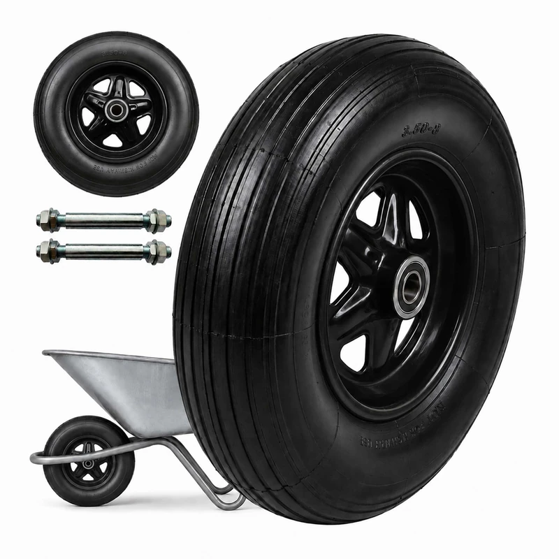 Relaxdays Wheelbarrow Wheel Set, 2x 3.50-8, Solid Rubber, Complete Wheel with Steel Rim & Axle, Spare Wheel, Black - Image 1