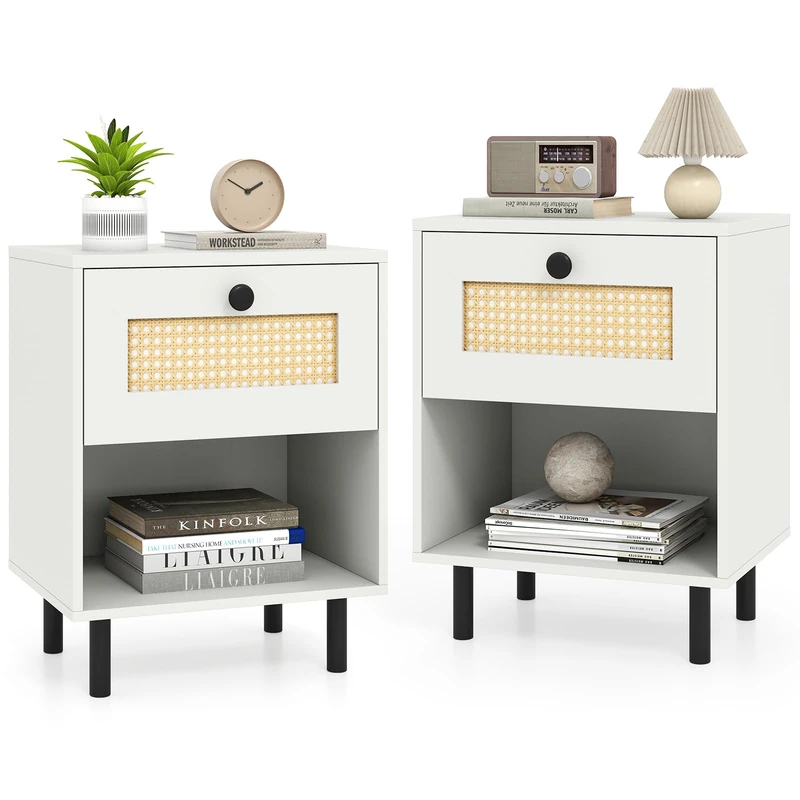 CASART Bedside Tables Set of 1/2, Rattan Nightstands (White, 2PCS)