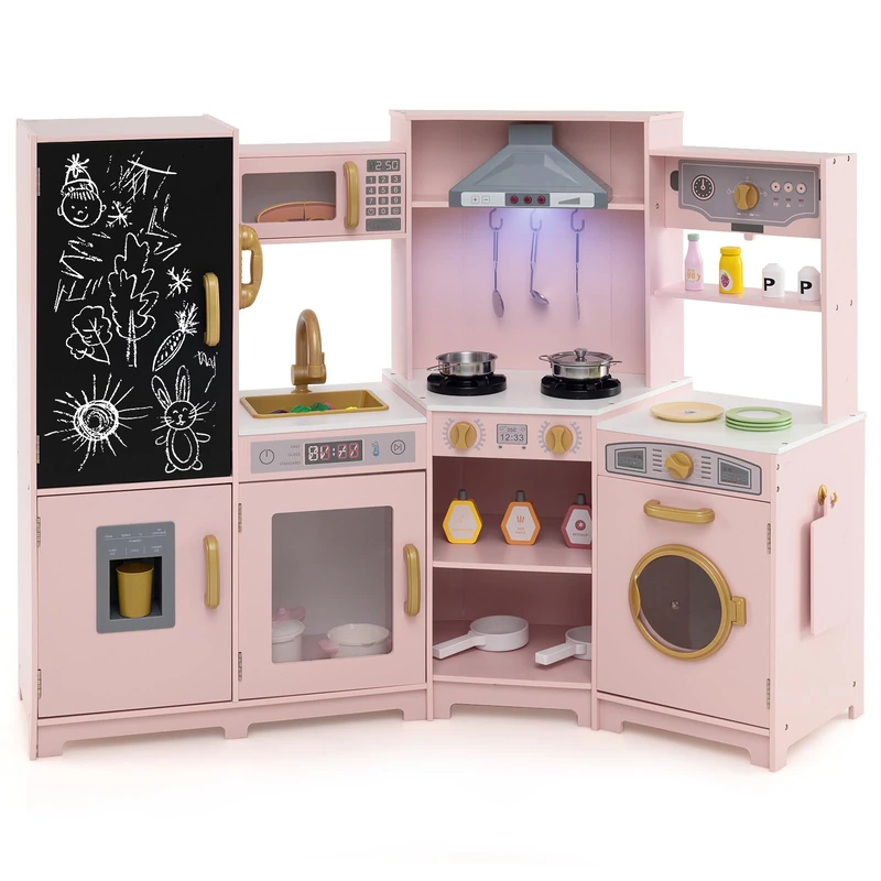 GYMAX Kids Corner Kitchen, Large Play Kitchen (Pink)