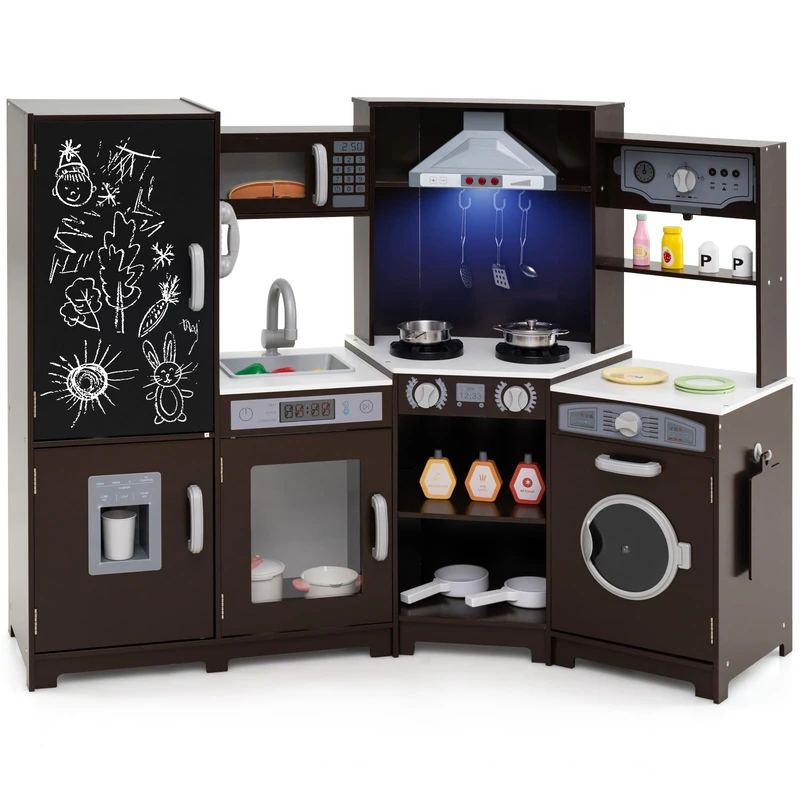 GYMAX Kids Corner Kitchen, Large Play Kitchen (Coffee)