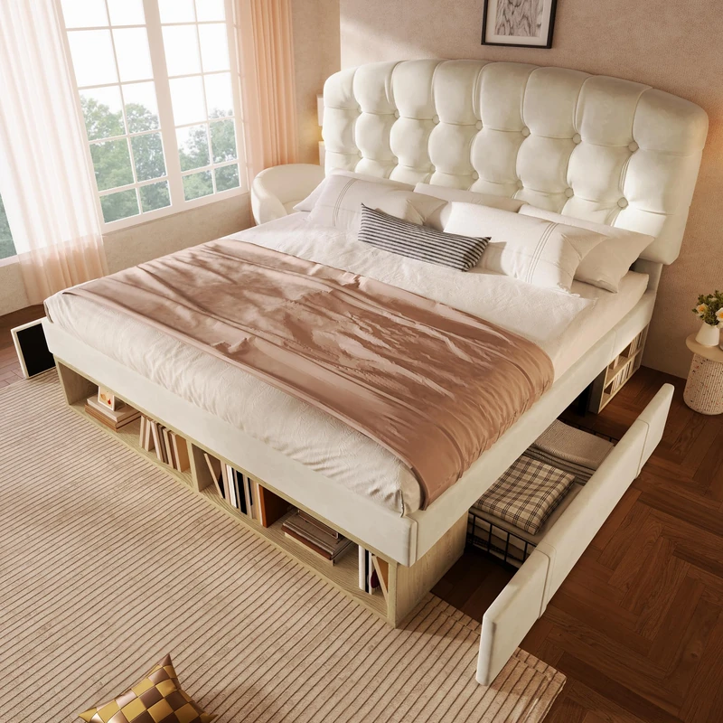Ball & Cast 4FT6 Upholstered Double Bed with Storage Drawers & Compartments, Velvet Bed Frame with Adjustable Button Tufted Headboard & Curved Slatted Base, 135 x 190 cm, Beige (No Mattress)