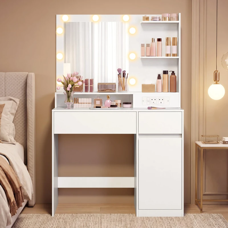 VASAGLE Dressing Table, Vanity Table with Large Mirror, Cabinet with 2 Adjustable Shelves, 1 Drawer, 2 Open Shelves, Modern basic Makeup Table, White KAILYN Collection RDT242WB02