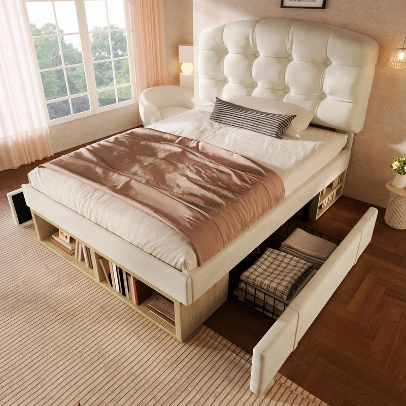 Ball & Cast 3FT Upholstered Single Bed with Storage Drawers & Compartments, Velvet Bed Frame with Adjustable Button Tufted Headboard & Curved Slatted Base, 90 x 190 cm, Beige (No Mattress) - Image 1