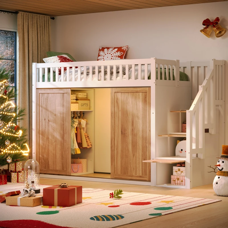 Ball & Cast High Sleeper Bed with Wardrobe, Kids Loft Bed with Storage Stairs, Wooden Bed Frame with LED Lighting and Safety Guardrail, No Mattress, 90 x 190cm, White and Natural