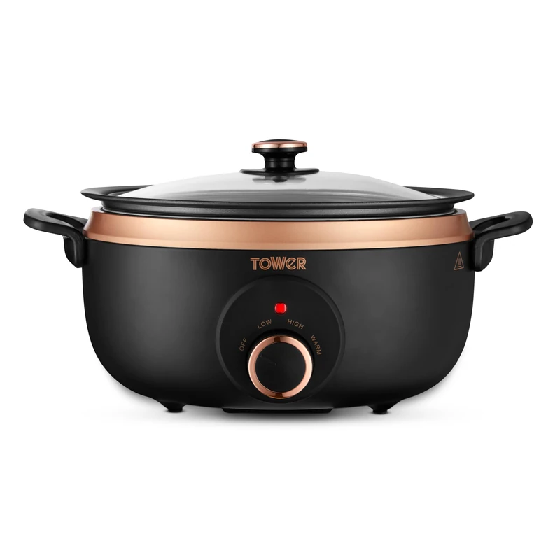 Tower Sear & Stew 3.5L Slow Cooker with Aluminium Hob-Safe Pot, One Pot Cooking, Non-Stick & Dishwasher Safe, 3 Heat Settings, 170W, Black & Rose Gold, T19067RGB