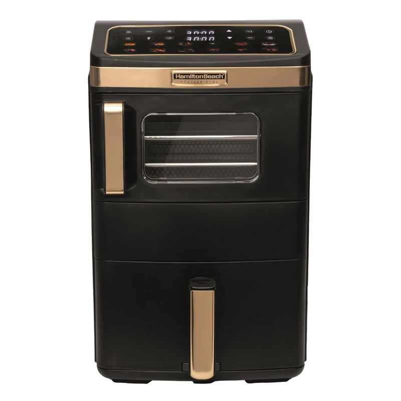 Hamilton Beach Professional 14.5L DualStack Air Fryer Oven – 7.5L Drawer/7L Oven, 2800W, Touch Colour Icon Display, DualZone, Non-Stick Dishwasher-Safe, Space-Saving, Black & Brushed Brass – HBA12BK