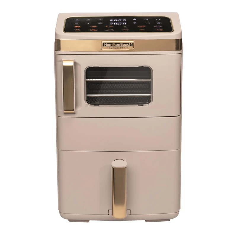Hamilton Beach Professional 14.5L DualStack Air Fryer Oven – 7.5L Drawer/7L Oven, 2800W, Touch Colour Icon Display, DualZone, Non-Stick Dishwasher-Safe, Space-Saving, Stone & Brushed Brass – HBPA25ST