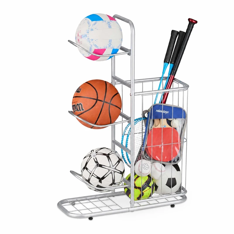 Relaxdays ball stand, 3 removable ball holders, for basketball, silver