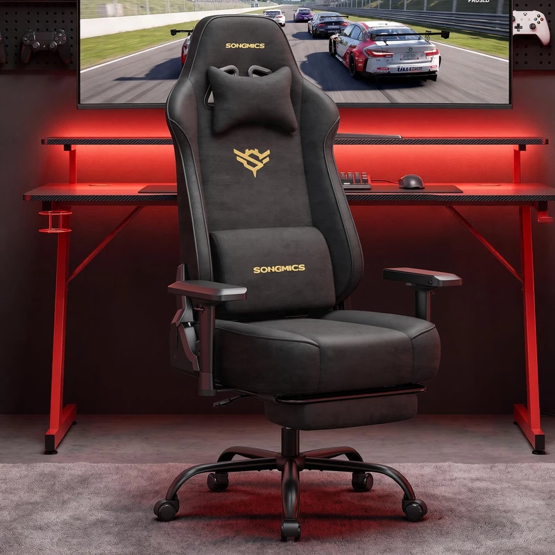 SONGMICS Gaming Chair, Suede Fabric Ergonomic Office Chair with Footrest and 4D Armrests, Pocket Spring Seat, 180 kg Capacity, 72 x 72 x (125-135) cm, Ink Black, Cathy Collection OBG095BH01
