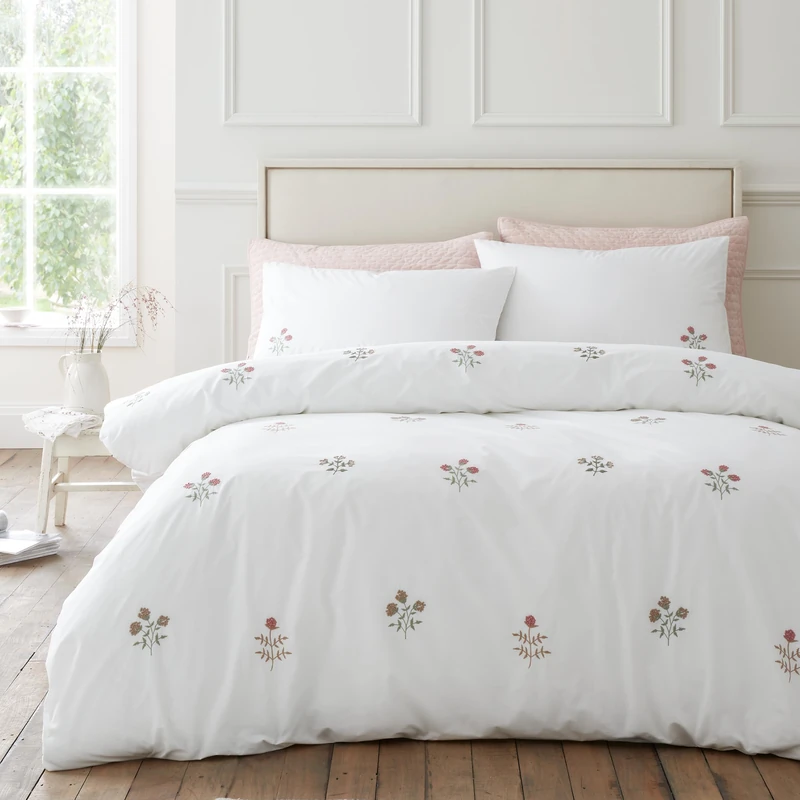Bianca Adeline Floral Embroidered 200TC Double Duvet Cover Set White