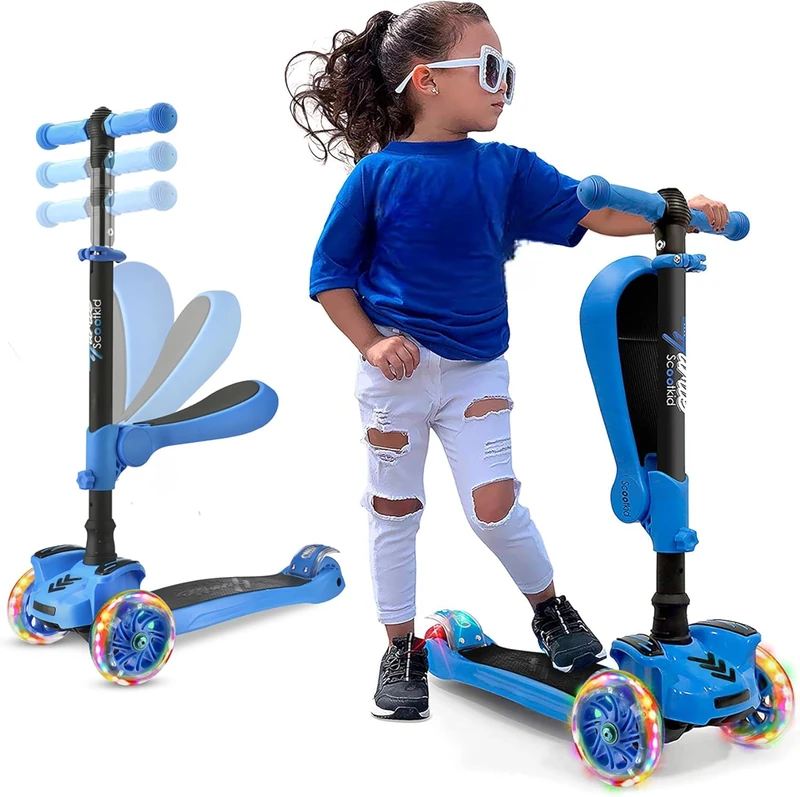 Hurtle 3 Wheeled Scooter for Kids - 2-in-1 Sit/Stand Child Toddlers Toy Kick Scooters w/Flip-out Seat, Adjustable Height, Wide Deck, Flashing Wheel Lights, Great for Outdoor Fun -(Blue) - Image 1