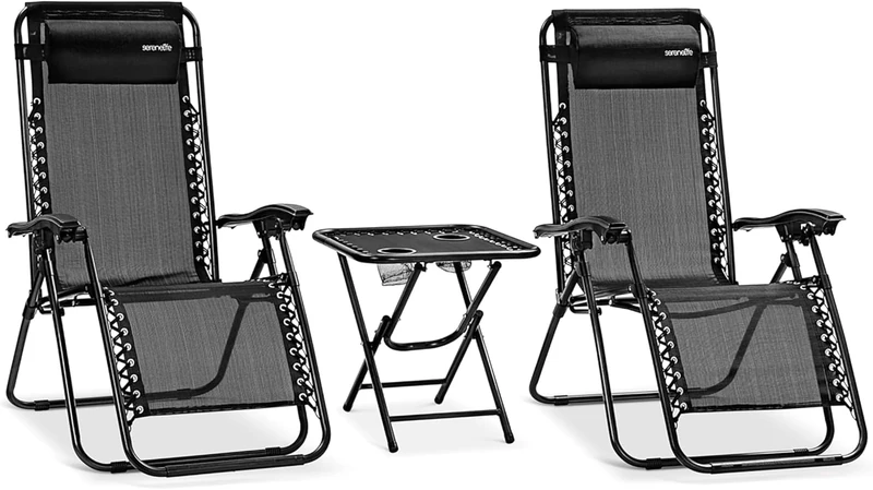 SereneLife Zero Gravity Lounge Chair, Adjustable Steel Mesh Recliners, with Removable Pillows and Cup Holder Trays, Side Tables, Set of 2, Black