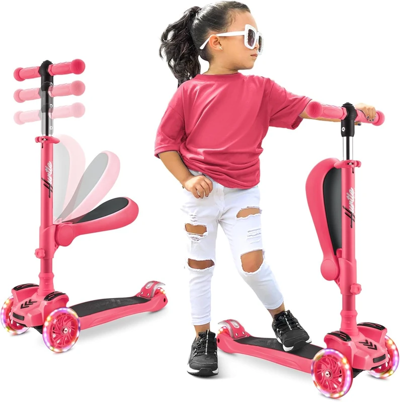 Hurtle 3 Wheeled Scooter for Kids 2-in-1 Sit/Stand Child Toddlers Toy Kick Scooters w/Flip-out Seat, Adjustable Height, Wide Deck, Flashing Wheel Lights, For Boys/Girls 1 Year Old+ (Watermelon) - Image 1