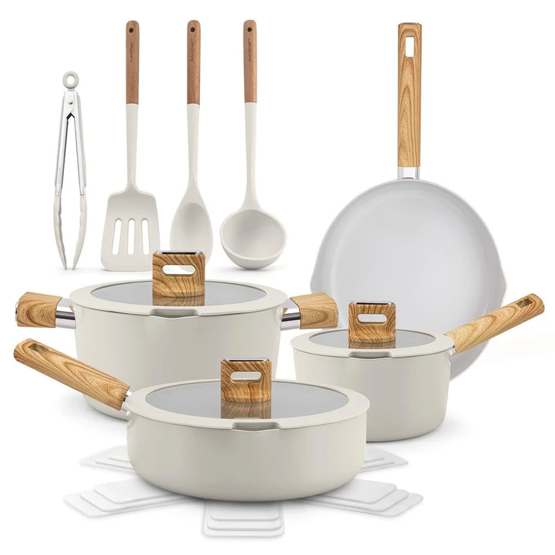 NutriChef 14-Piece Non-Stick Ceramic Cookware Set - Induction Safe Pots and Pans with Glass Lids, Cool-Touch Handles, Even Heat Distribution, Dishwasher Safe, Includes Ladle, Tongs, Spatula, White
