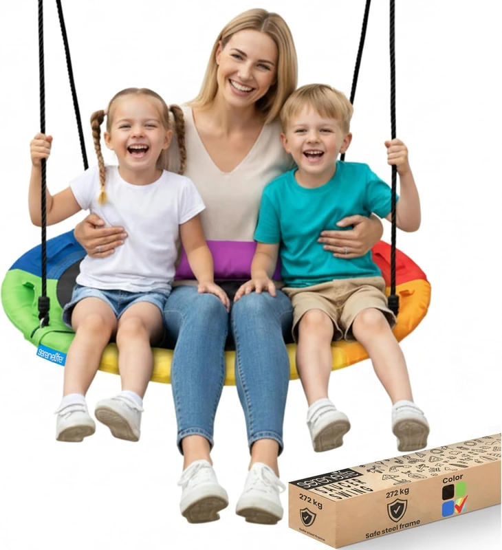 SereneLife Tree Swing Seat, Large Round Saucer Kids Swings, Adults and Kids Nest Swing, Durable Frame, 270kg Capacity, Indoor Outdoor Hanging Rope Swinging Seat for Backyard, Garden and More – Rainbow