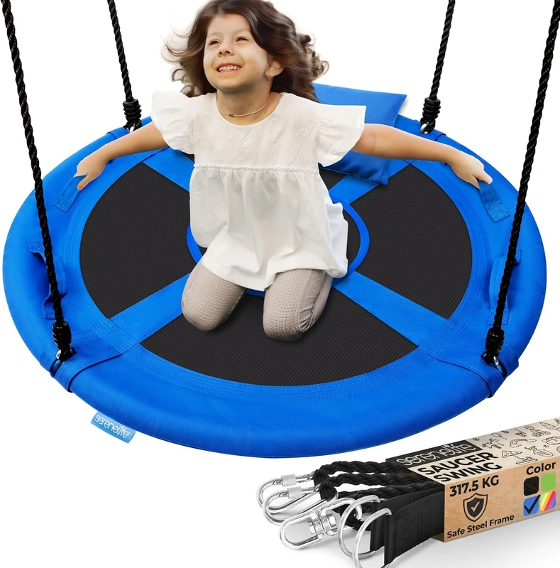 SereneLife Tree Swing Seat, Large Round Saucer Kids Swings, Adults and Kids Nest Swing, Durable Frame, 318kg Capacity, Indoor Outdoor Hanging Rope Swinging Seat for Backyard, Garden and More – Blue