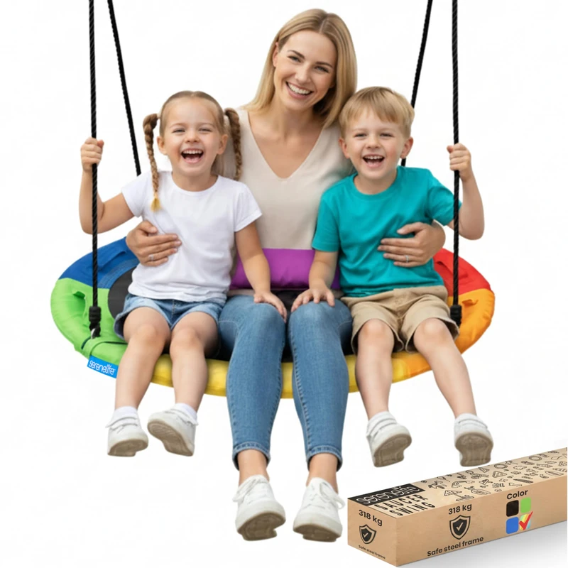 SereneLife Tree Swing Seat, Large Round Saucer Kids Swings, Adults and Kids Nest Swing, Durable Frame, 318kg Capacity, Indoor Outdoor Hanging Rope Swinging Seat for Backyard, Garden and More – Rainbow