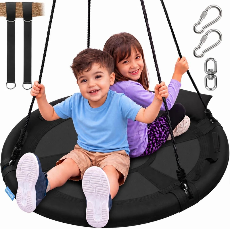 SereneLife Tree Swing Seat, Large Round Saucer Kids Swings, Adults and Kids Nest Swing, Durable Frame, 318kg Capacity, Indoor Outdoor Hanging Rope Swinging Seat for Backyard, Garden and More – Black