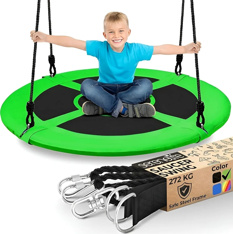 SereneLife Tree Swing Seat, Large Round Saucer Kids Swings, Adults and Kids Nest Swing, Durable Frame, 270kg Capacity, Indoor Outdoor Hanging Rope Swinging Seat for Backyard, Garden and More – Green