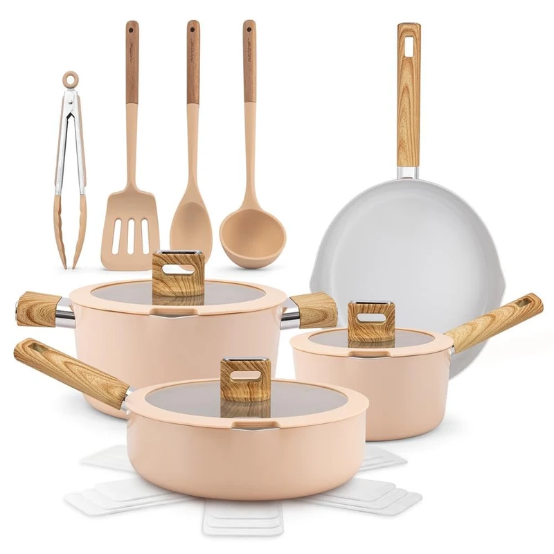 NutriChef 14-Piece Non-Stick Ceramic Cookware Set - Induction Safe Pots and Pans with Glass Lids, Cool-Touch Handles, Even Heat Distribution, Dishwasher Safe, Includes Ladle, Tong, Spatula (Pink)