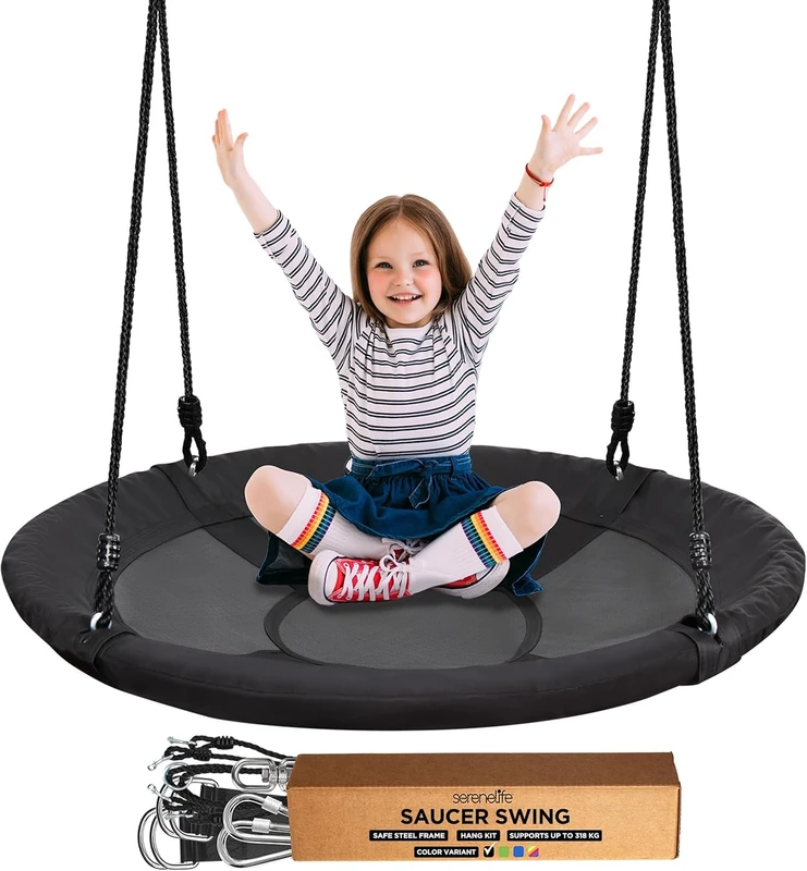 SereneLife Tree Swing Seat, Large Round Saucer Kids Swings, Adults and Kids Nest Swing, Durable Frame, 270kg Capacity, Indoor Outdoor Hanging Rope Swinging Seat for Backyard, Garden and More – Black