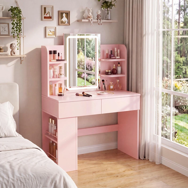 JUMMICO Dressing Table,3 Color LED Mirror,Adjustable Brightness (Pink, 90cm)