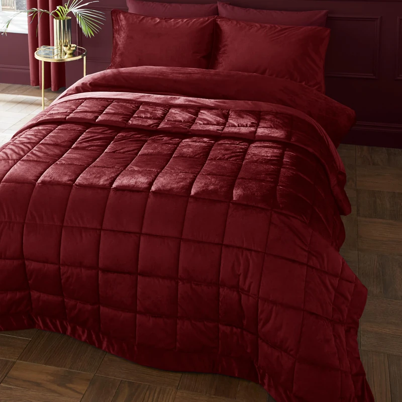Catherine Lansfield Kingsley Matt Velvet Quilted 220x220cm Bedspread Burgundy - Image 1