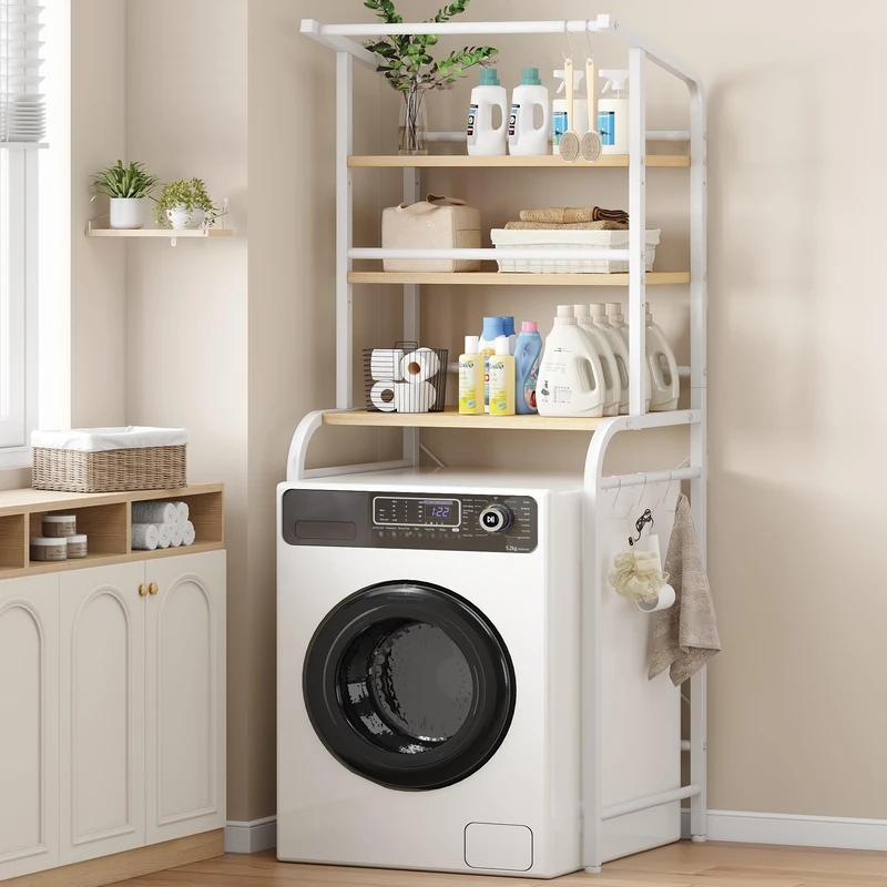 Feonase Over Washing Machine Shelf, 3-Tier Adjustable Shelves with Towels Hangers, Over Toilet Storage Unit, 67 x 46 x 168cm, White