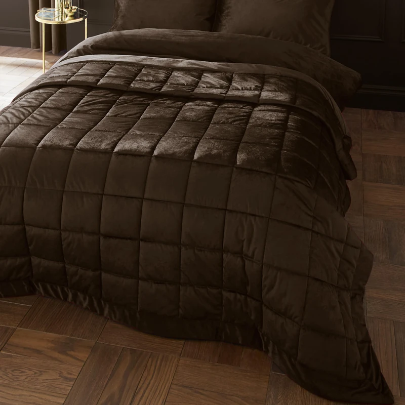 Catherine Lansfield Kingsley Matt Velvet Quilted 220x220cm Bedspread Chocolate - Image 1