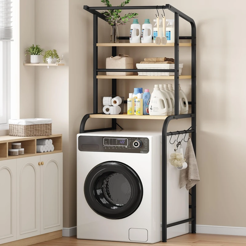 Feonase Over Washing Machine Shelf, 3-Tier Adjustable Shelves with Towels Hangers, Over Toilet Storage Unit, 67 x 46 x 168cm, Black