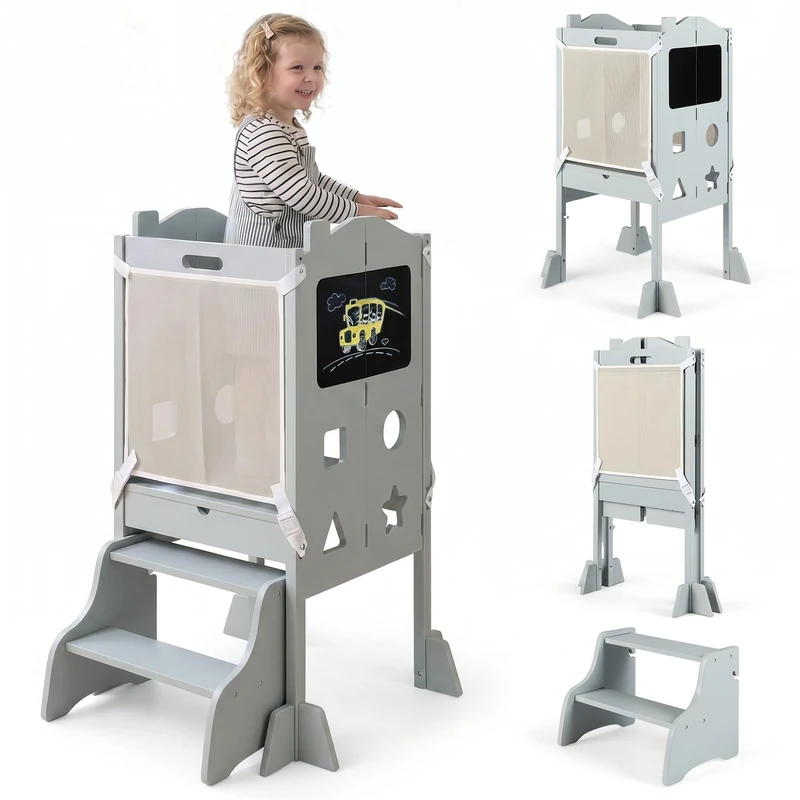 GYMAX Foldable Toddler Step Stool, Standing Kitchen Tower (Grey)