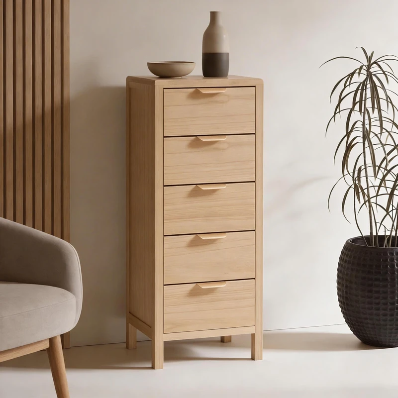 Home Source Freya Wooden Storage Drawer Tower with Cut Out Heart Handles, Slim Chest of Drawers, Bedroom Storage Cabinet, Bathroom Unit, Hallway Organiser, Natural, 5 Drawers