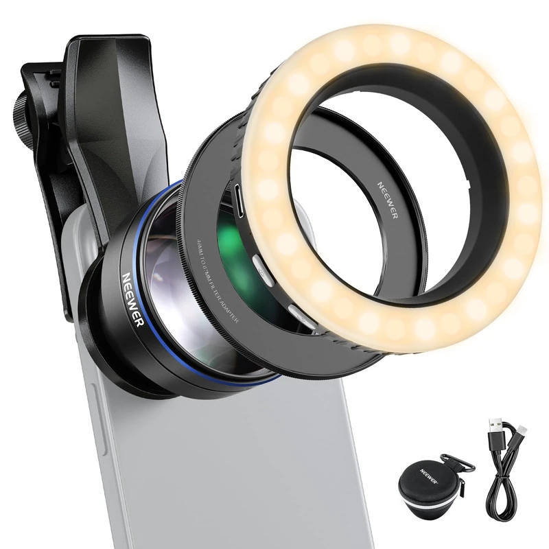NEEWER Clip On 105mm Macro Phone Lens and 67mm Threaded LED Ring Light Kit