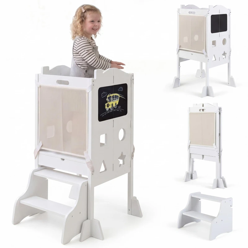 GYMAX Foldable Toddler Step Stool, Standing Kitchen Tower (White)