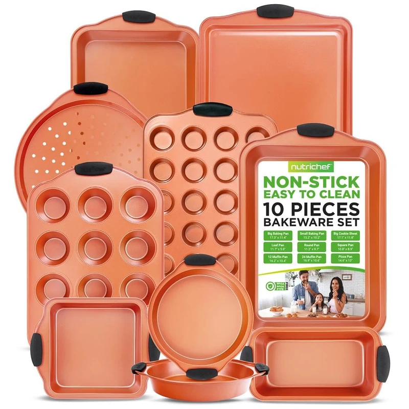 NutriChef 10-Piece Steel Nonstick Bakeware Set - Carbon Steel Baking Tray Set 450°F Oven Safe - Heatsafe Blue Silicone Handles, Pizza Loaf Muffin Round/Square Pans, Cookie Sheet, Baking Pan