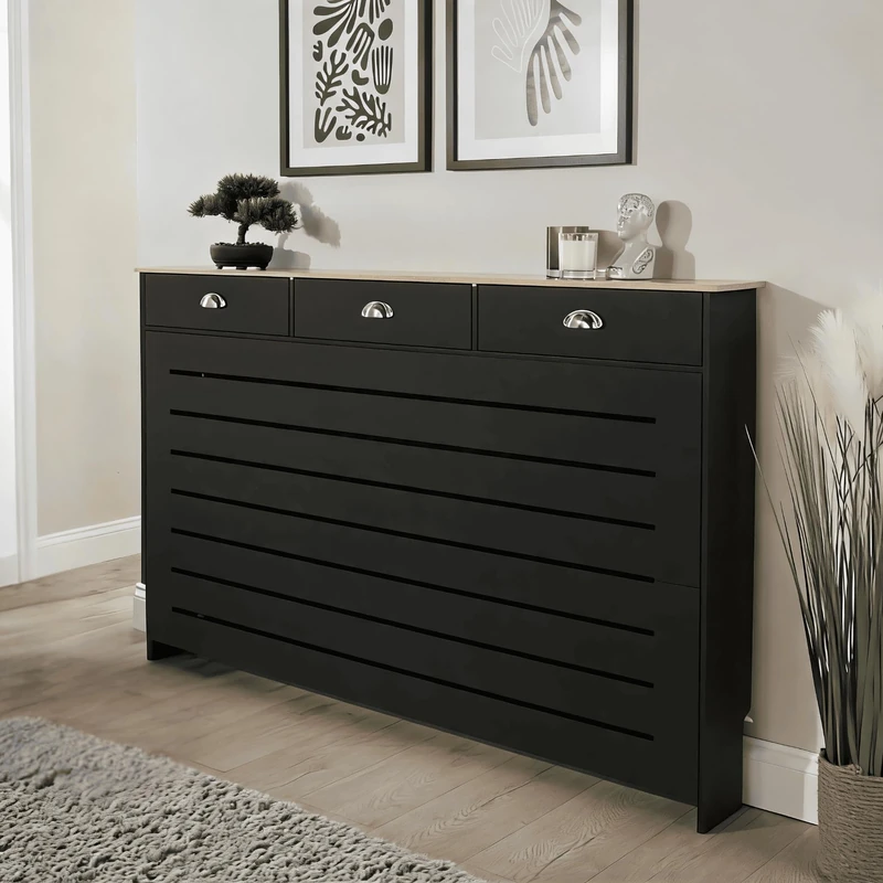 Home Source Batley Large Radiator Cover with Storage Drawer, Black